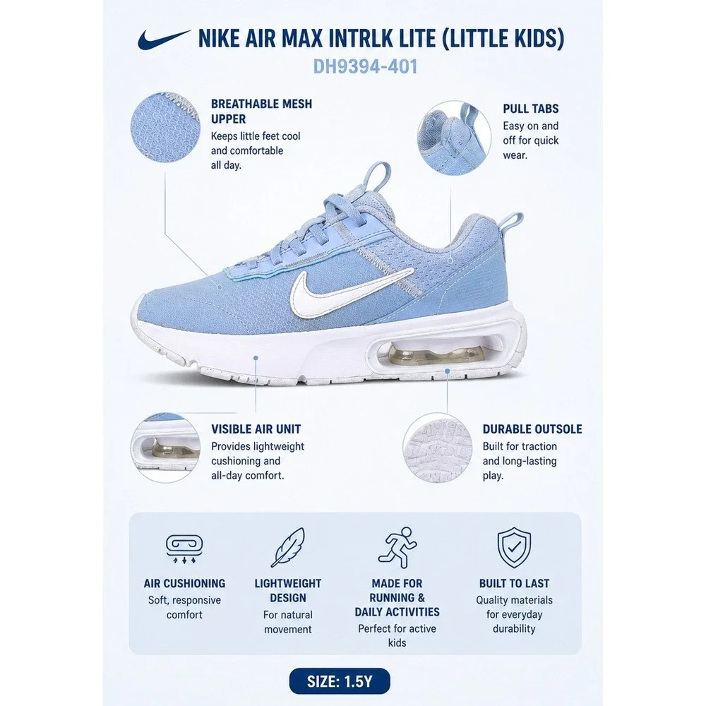 Nike Air Max INTRLK Lite Little Kids 1.5Y Light Blue Running Sneakers DH9394-401